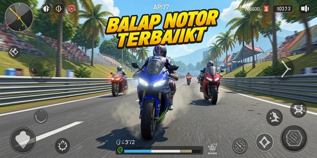 Tangkapan layar menunjukkan aksi balap motor yang seru dan mendebarkan.