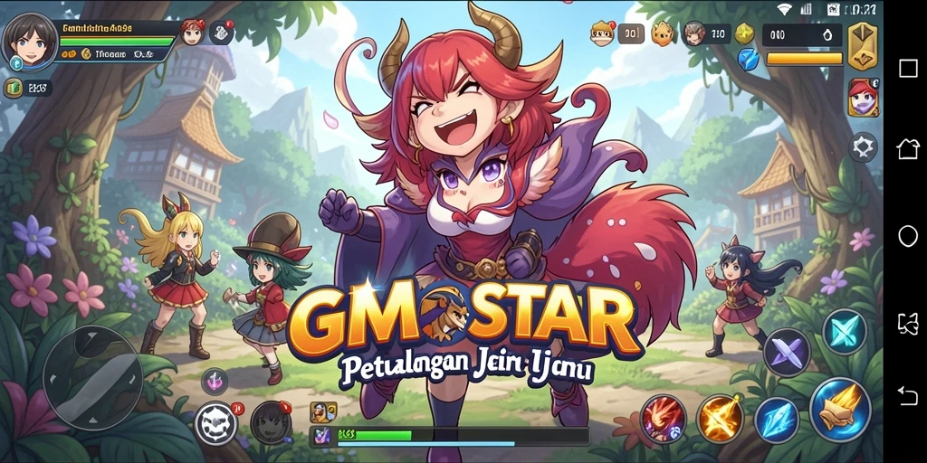 Screenshot utama GMSTAR menampilkan karakter anime dalam pertempuran yang epik.